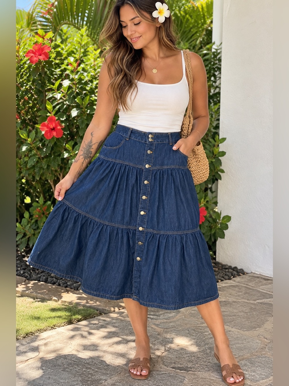 Time and Tru Tiered Denim Button-Front Midi Skirt Size 14 cotton cottagegore